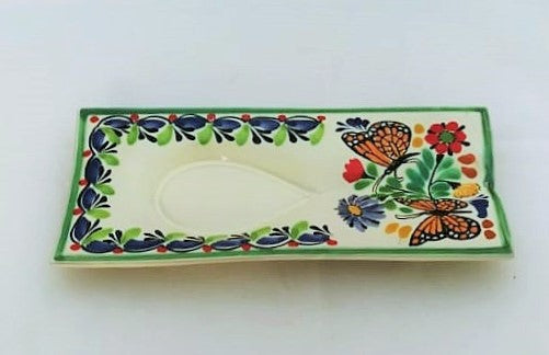 Butterfly Spoon Rest 5.2*10.6" Blue-Orange Colors - Mexican Pottery by Gorky Gonzalez