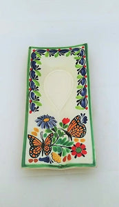 Butterfly Spoon Rest 5.2*10.6" Blue-Orange Colors - Mexican Pottery by Gorky Gonzalez