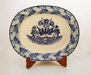 Love Birds Decorative / Serving Semi Oval Platter / Tray 16.9x13.4 in Blue and White