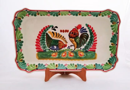 Rooster Family Tray / Serving Rectangular Platter 16.9"x10.6" Green Colors