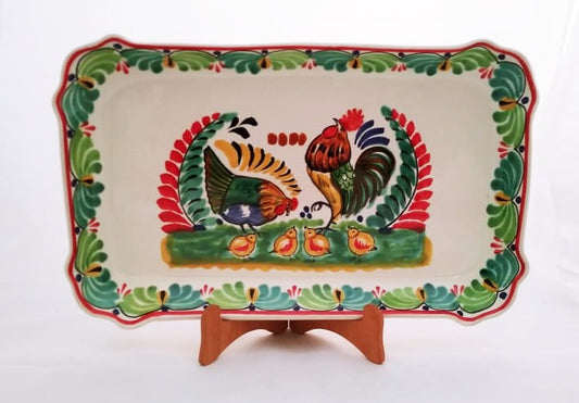 Rooster Family Tray / Serving Rectangular Platter 16.9"x10.6" Green Colors
