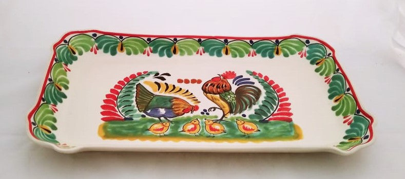 Rooster Family Tray / Serving Rectangular Platter 16.9"x10.6" Green Colors