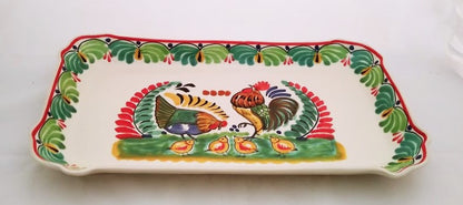 Rooster Family Tray / Serving Rectangular Platter 16.9"x10.6" Green Colors
