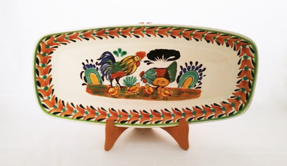 Rooster Family Rectangular Long Platter 14.6 X 7.1 in Brown-Black Colors