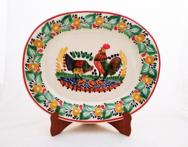 Rooster Family Decorative / Serving Semi Oval Platter / Tray 16.9x13.4 in Green-Terracota Colors