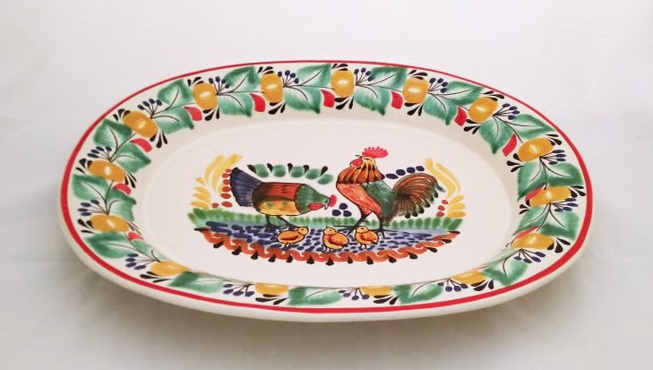 Rooster Family Decorative / Serving Semi Oval Platter / Tray 16.9x13.4 in Green-Terracota Colors