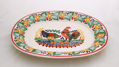 Rooster Family Decorative / Serving Semi Oval Platter / Tray 16.9x13.4 in Green-Terracota Colors