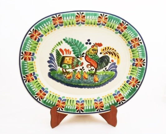 Rooster Family Decorative / Serving Semi Oval Platter / Tray 16.9x13.4 in Green Colors