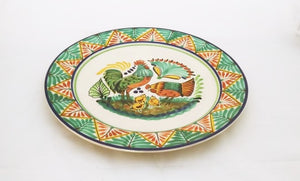 Rooster Family Decorative / Serving Flat Platter 13.8" D Green-Terracota Colors