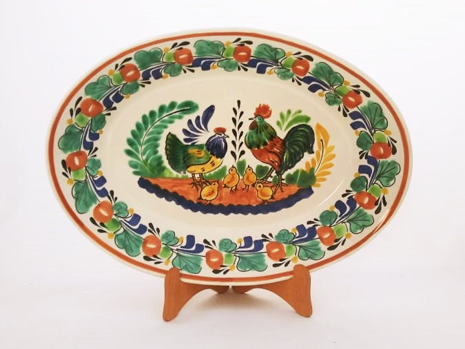Rooster Family Decorative / Serving Oval Platter Green-Terracota Colors