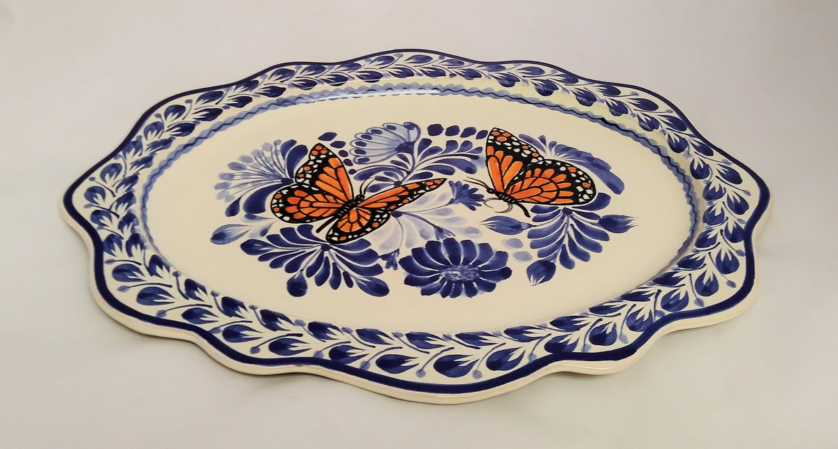 Butterfly Tray Cut Flat Platter 15*11" Blue-Orange Colors - Mexican Pottery by Gorky Gonzalez