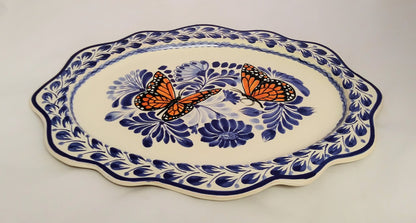 Butterfly Tray Cut Flat Platter 15*11" Blue-Orange Colors - Mexican Pottery by Gorky Gonzalez