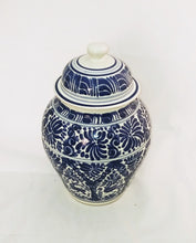 Animals Decorative Vase w/lid 15" H with Milestones Pattern Blue and White - Mexican Pottery by Gorky Gonzalez