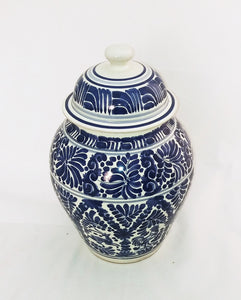 Animals Decorative Vase w/lid 15" H with Milestones Pattern Blue and White - Mexican Pottery by Gorky Gonzalez