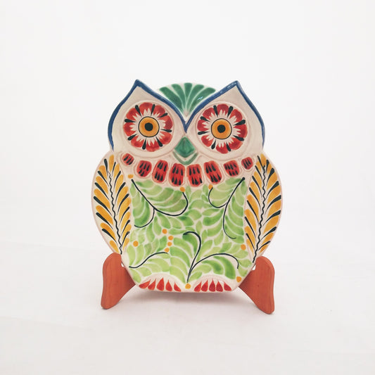 Owl Snack Dish Plate 8 x 7 inches Green-Yellow Colors