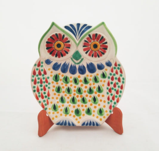 Owl Snack Dish Plate 8 x 7 inches Green-Black-Terracota Colors