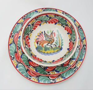 Bird Dish Set (3 pieces) Green-Red Colors (One Service) - Mexican Pottery by Gorky Gonzalez