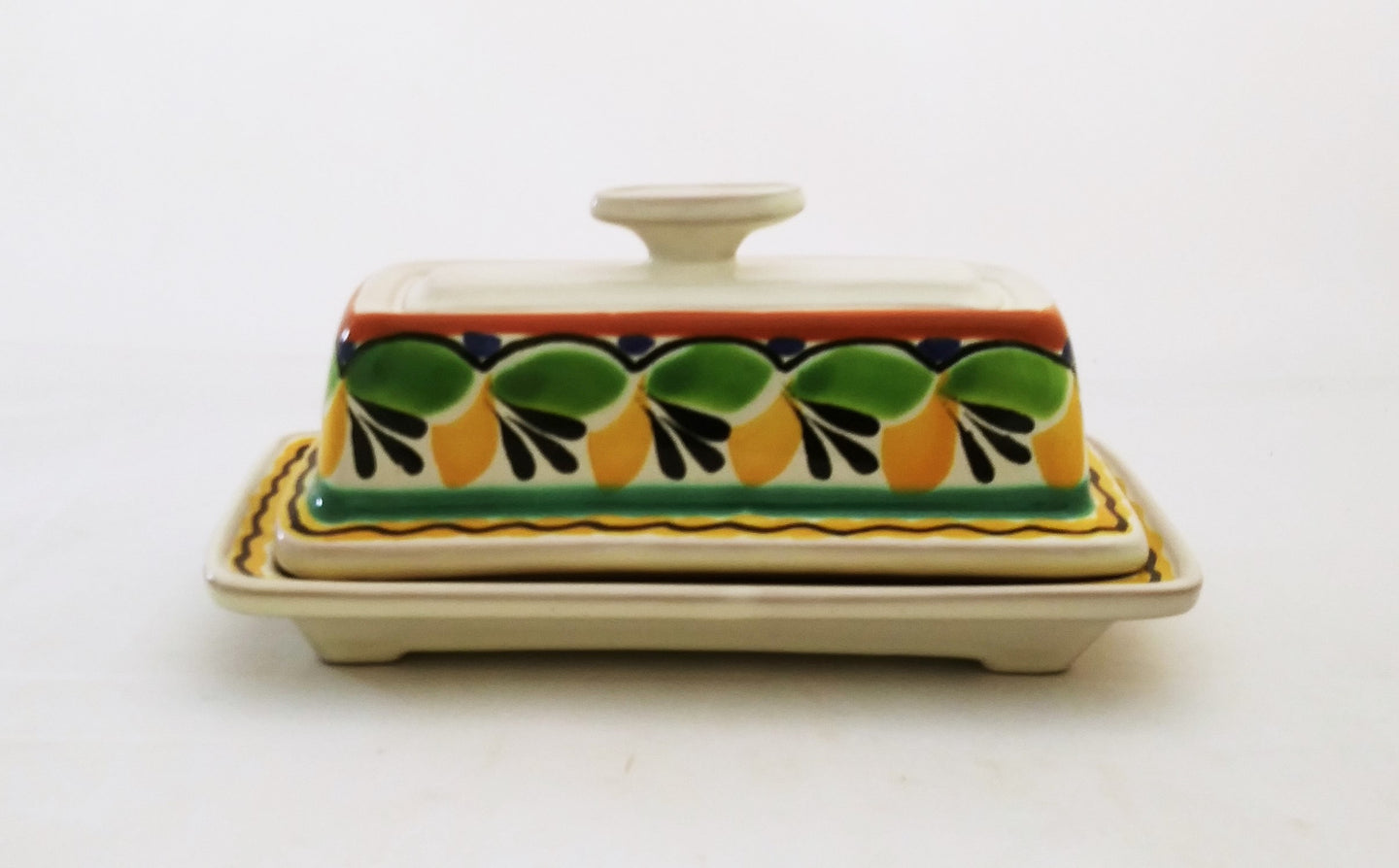 Butter Dish Green-Yellow Colors - Mexican Pottery by Gorky Gonzalez