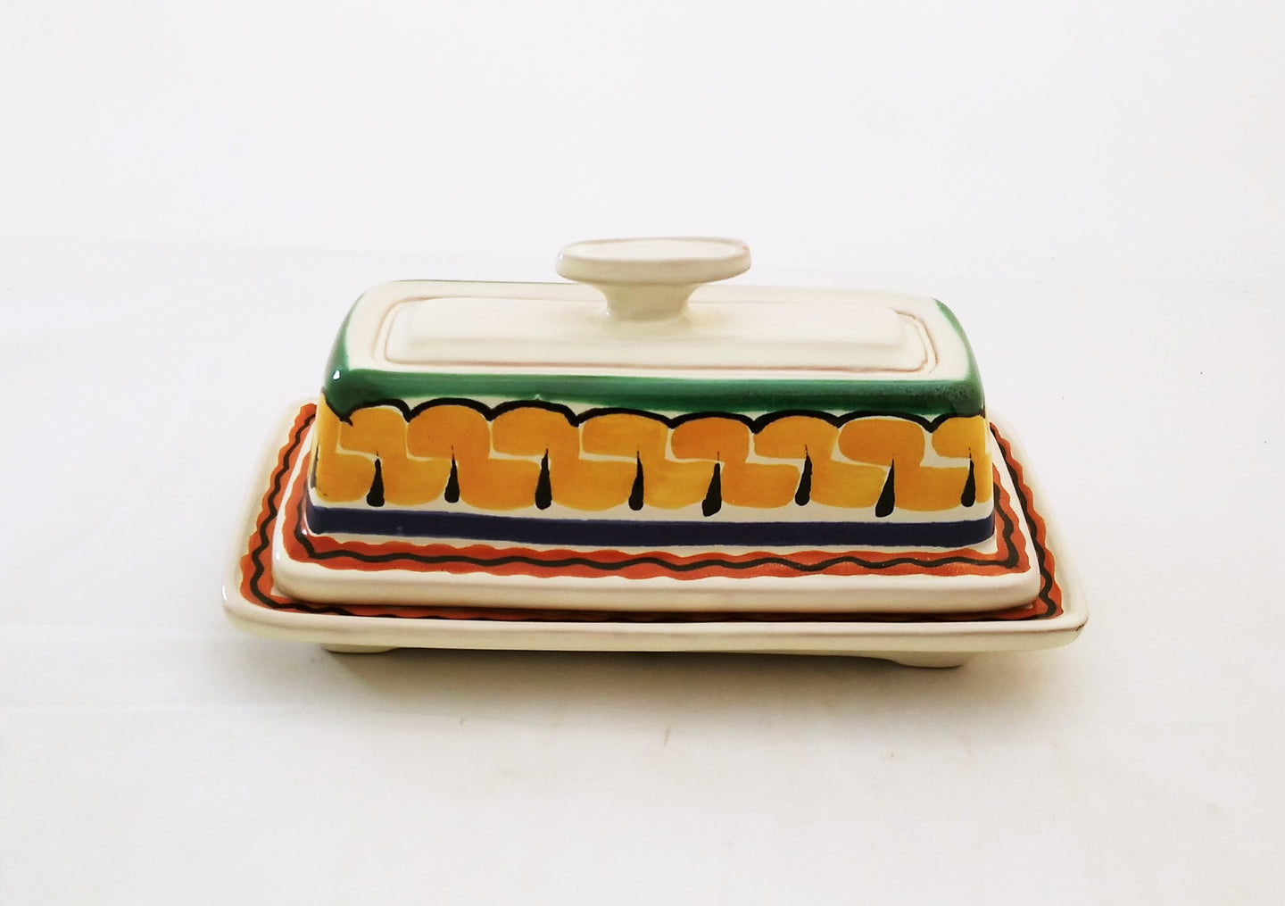 Butter Dish Orange-Green Colors - Mexican Pottery by Gorky Gonzalez