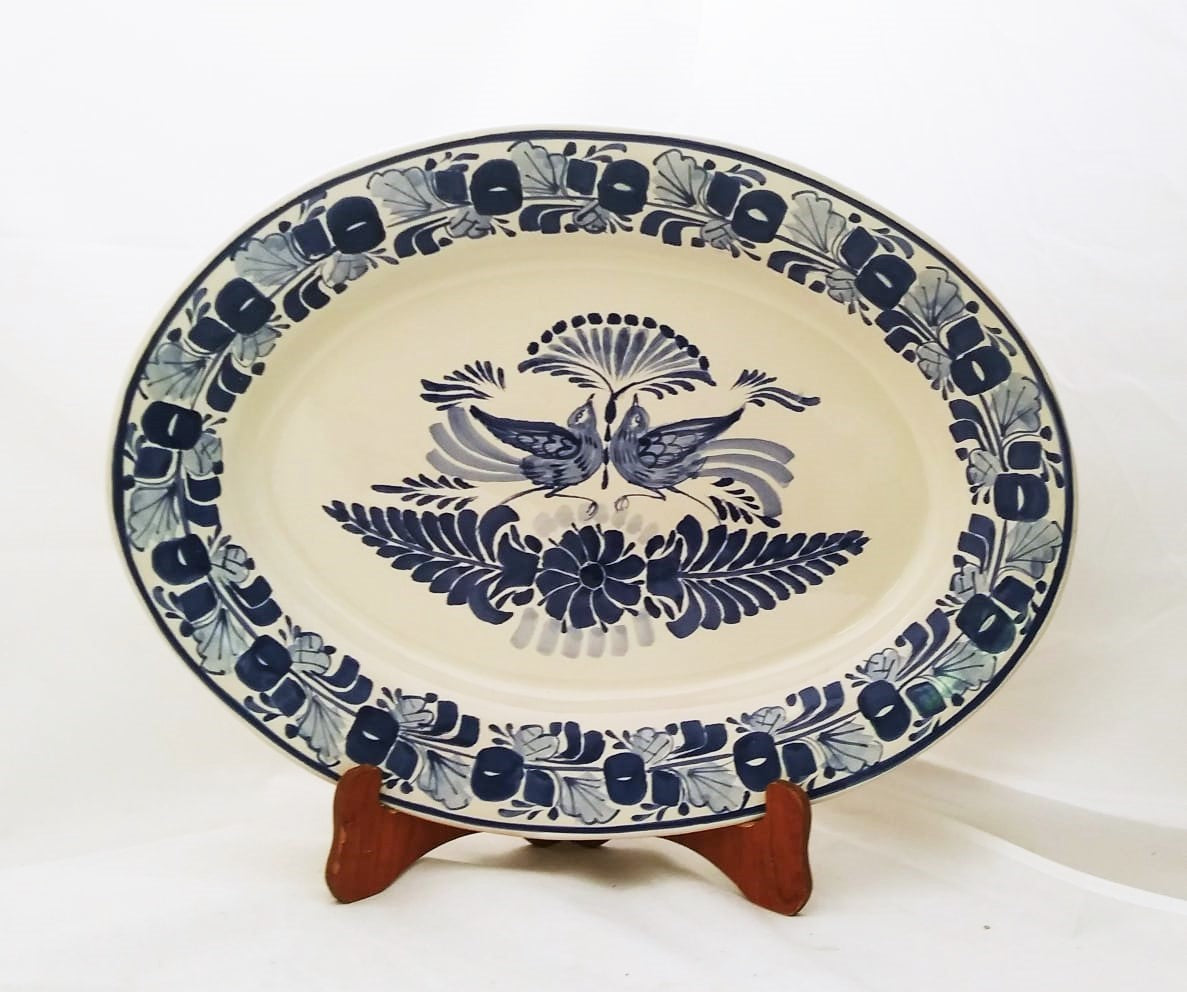 Love Birds Decorative / Serving Oval Platter Blue and White Colors
