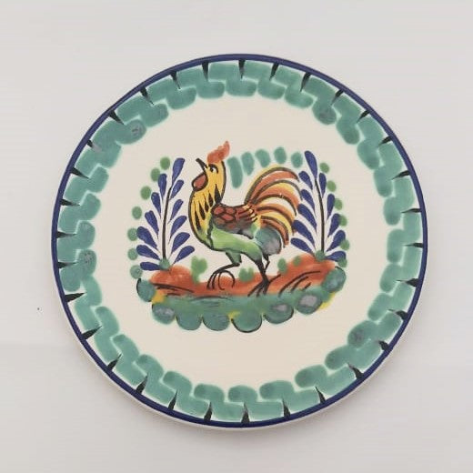 Rooster Bread Plate / Tapa Plate 6.3" D Green-Blue Colors