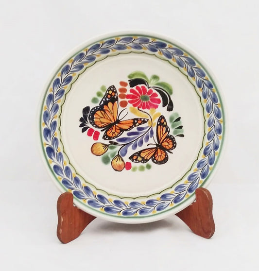 Butterfly Deep Round Platter 13.8" D Blue-Yellow-Orange Colors - Mexican Pottery by Gorky Gonzalez