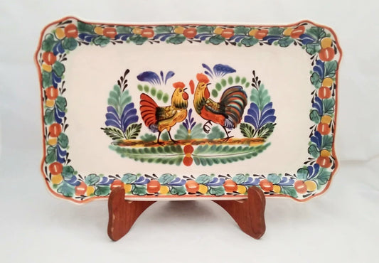 Love Chickens Tray Serving Rectangular Platter 16.9"x10.6" Traditional Blue-Green-Terracota Colors