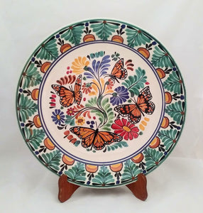 Butterfly 17.7" D Decorative Platter Green-Orange Colors - Mexican Pottery by Gorky Gonzalez