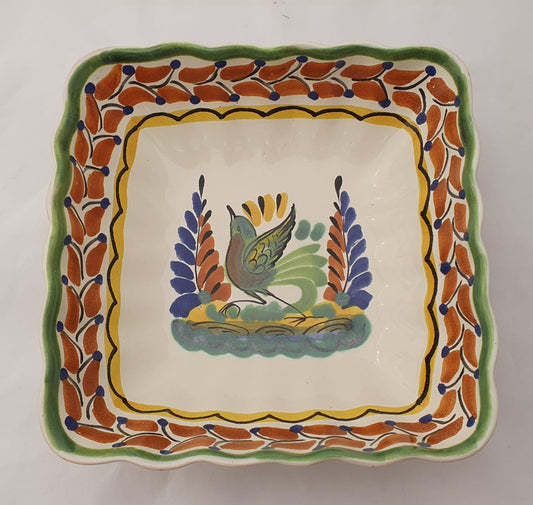 Bird Square Salad Bowl 8.5 X 2.6" Terracota-Green - Mexican Pottery by Gorky Gonzalez