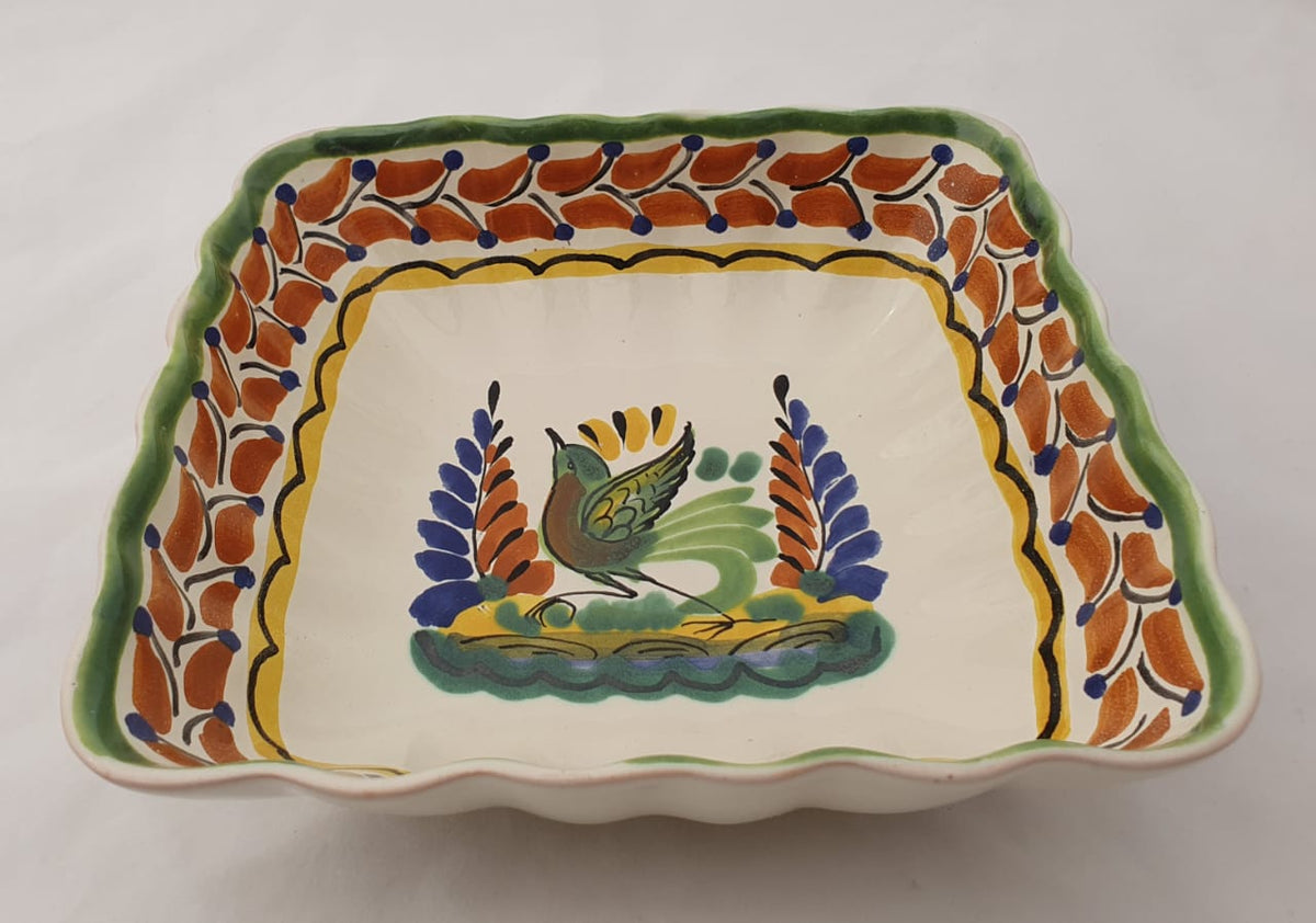 Bird Square Salad Bowl 8.5 X 2.6" Terracota-Green - Mexican Pottery by Gorky Gonzalez