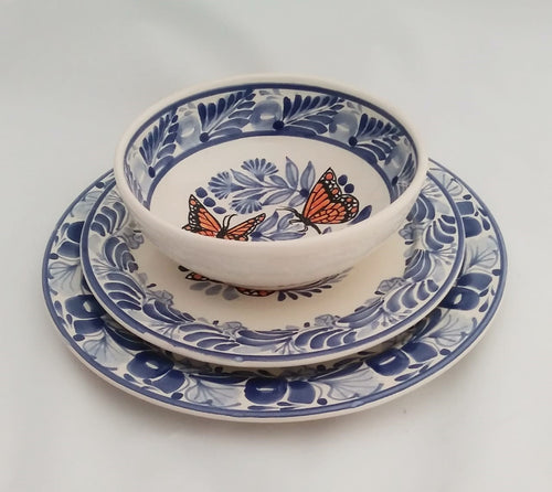 Butterfly Dish Set (3 pieces) Blue-Orange Colors (Personal Service) - Mexican Pottery by Gorky Gonzalez