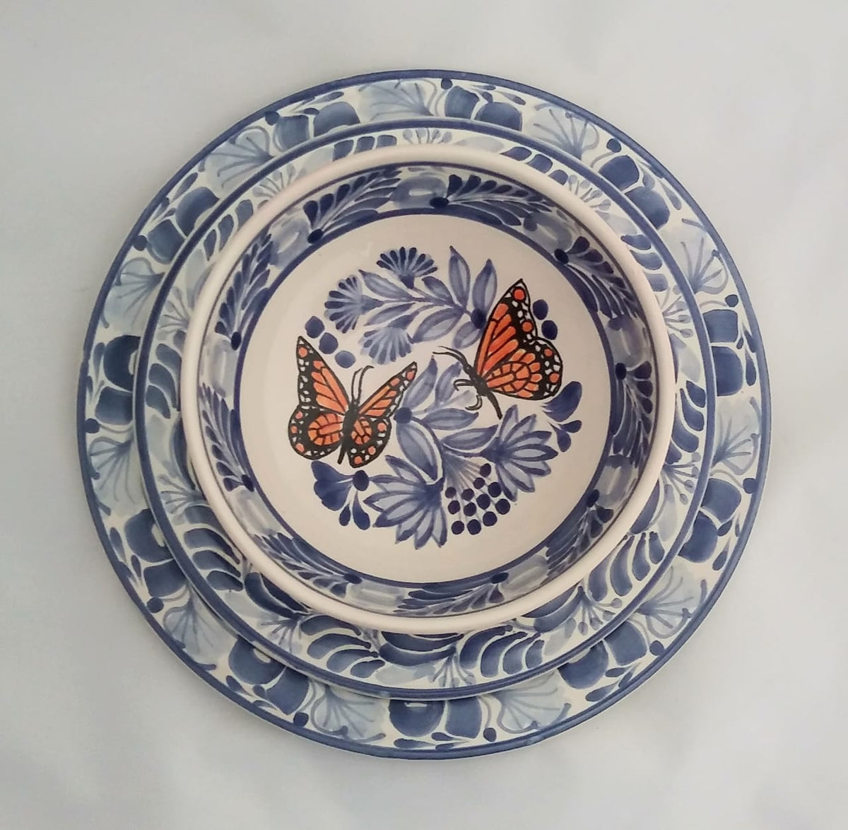 Mexican Dish Set (3 pieces) Pottery Butterfly Blue and White Personal