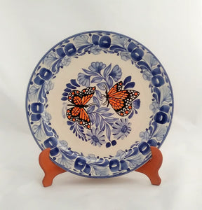 Butterfly Dinner Plate 10" D Blue-Orange Colors - Mexican Pottery by Gorky Gonzalez