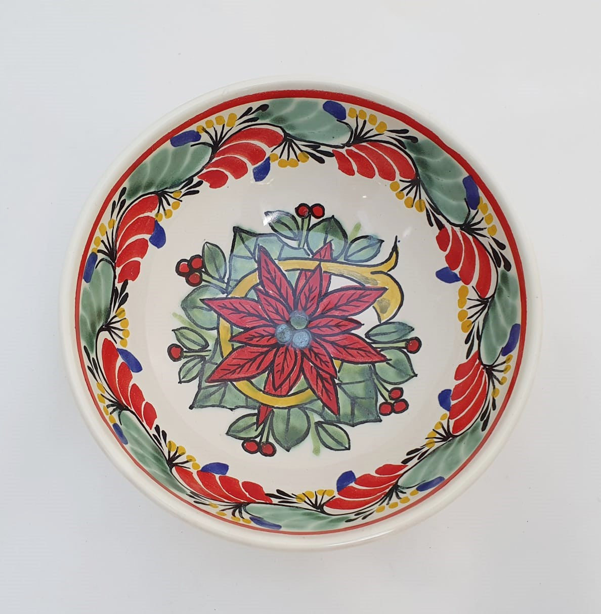 PoinSettia Cereal/Soup Bowl 16.9 Oz Green-Red Colors