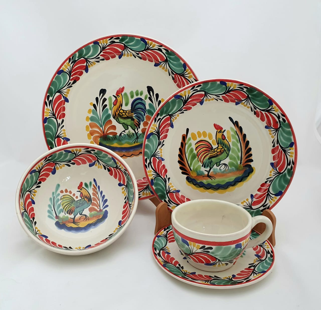 Rooster Dish Set (5 pieces) Red-Yellow Colors (One Service)
