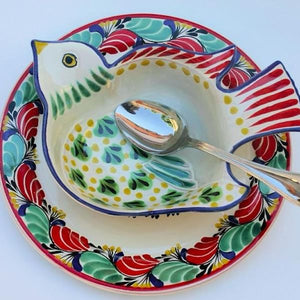 Bird Dish Set two pieces Red-Green Colors - Mexican Pottery by Gorky Gonzalez