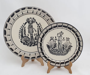 Catrina & Catrin Dinner and Salad Plate Set of 2 pieces Black and White - Mexican Pottery by Gorky Gonzalez