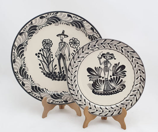 Catrina & Catrin Dinner and Salad Plate Set of 2 pieces Black and White - Mexican Pottery by Gorky Gonzalez