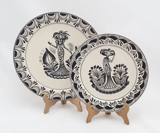 Catrina & Catrin Dinner and Salad Plate Set of 2 pieces Black and White - Mexican Pottery by Gorky Gonzalez