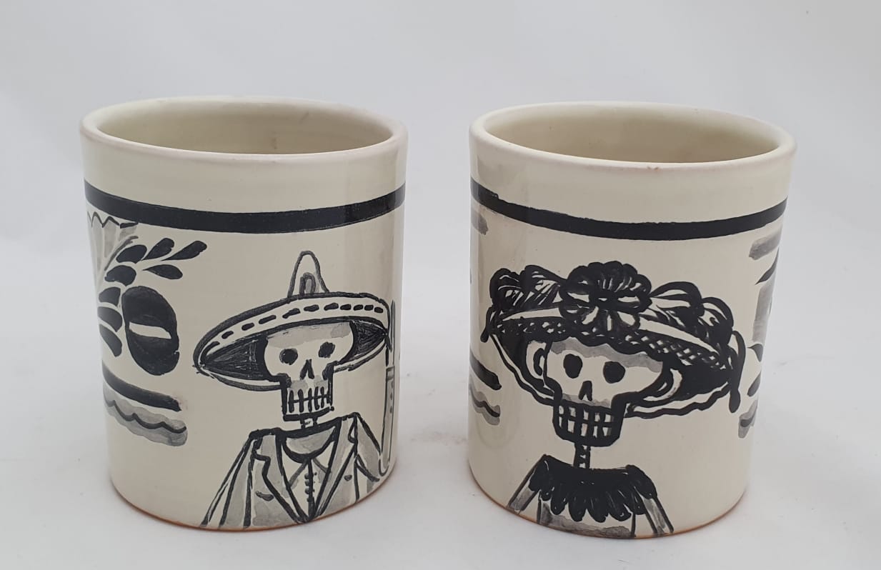 Mexican Pottery Catrina Coffee Mug Set of 2 pieces 13.9 Oz Black