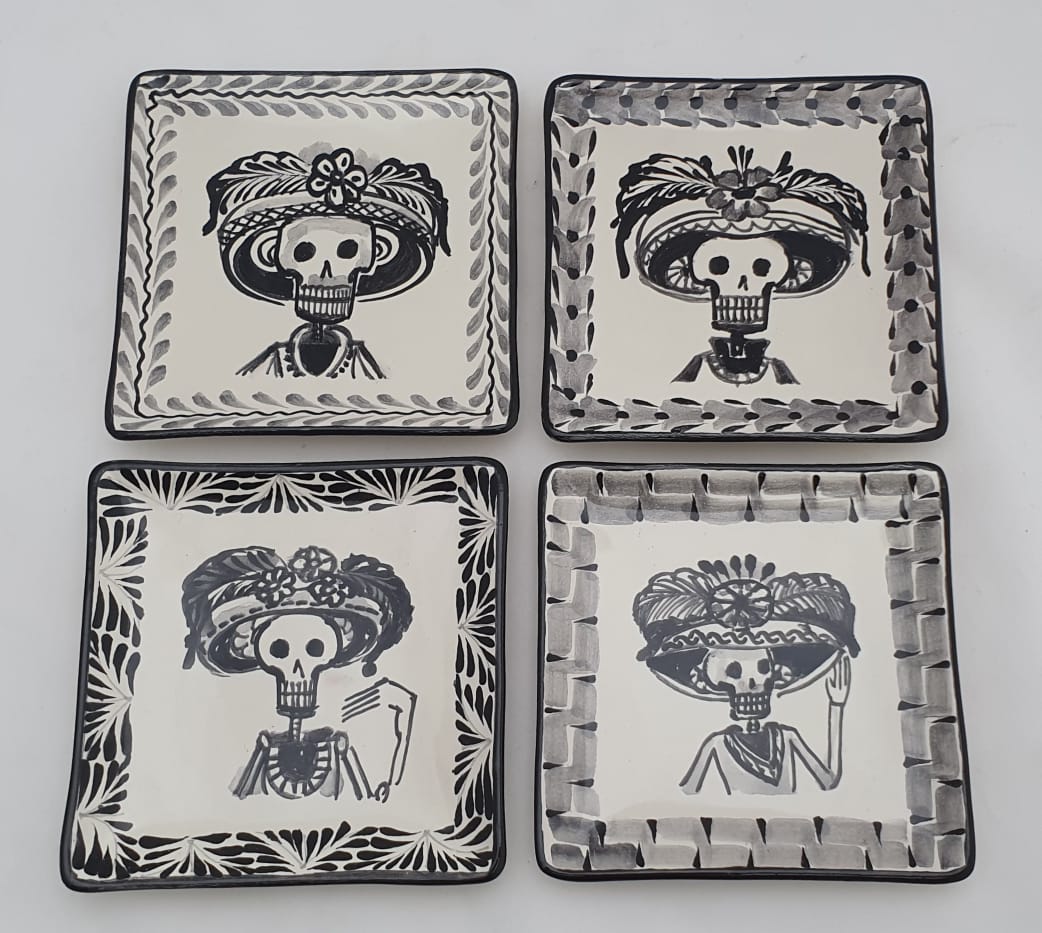 Catrina Mini Square Plate / Tapa Plate 5*5" Set of 4 Black and White - Mexican Pottery by Gorky Gonzalez