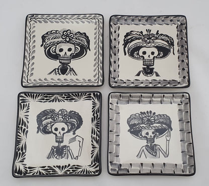 Catrina Mini Square Plate / Tapa Plate 5*5" Set of 4 Black and White - Mexican Pottery by Gorky Gonzalez