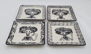 Catrina Mini Square Plate / Tapa Plate 5*5" Set of 4 Black and White - Mexican Pottery by Gorky Gonzalez