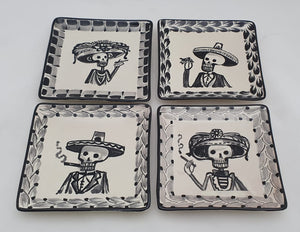 Catrina Mini Square Plate / Tapa Plate 5*5" Set of 4 Black and White - Mexican Pottery by Gorky Gonzalez