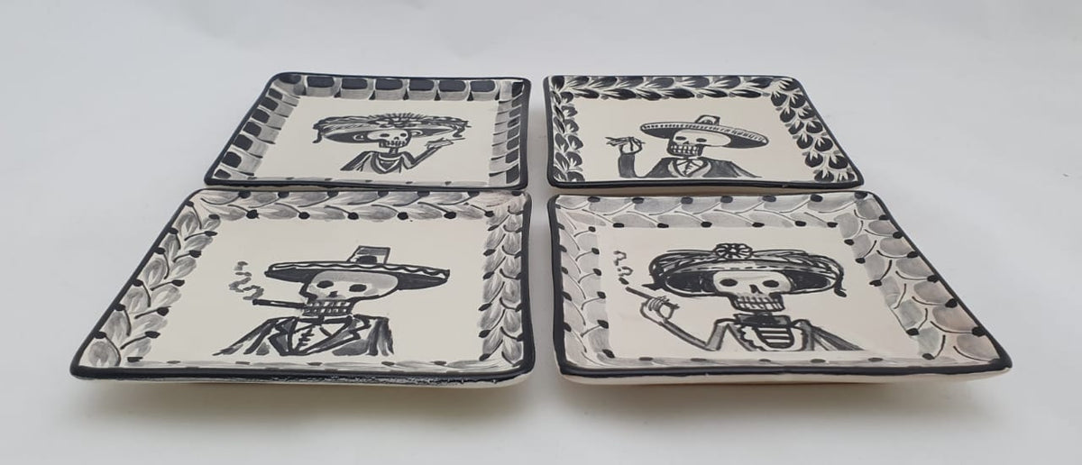 Catrina Mini Square Plate / Tapa Plate 5*5" Set of 4 Black and White - Mexican Pottery by Gorky Gonzalez