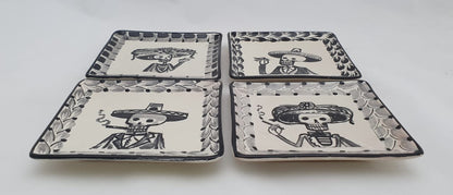 Catrina Mini Square Plate / Tapa Plate 5*5" Set of 4 Black and White - Mexican Pottery by Gorky Gonzalez