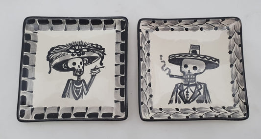 Catrina Mini Square Plate / Tapa Plate 5*5" Set of 2 Black and White - Mexican Pottery by Gorky Gonzalez