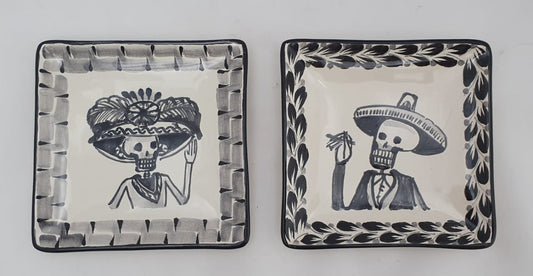 Catrina Mini Square Plate / Tapa Plate 5*5" Set of 2 Black and White - Mexican Pottery by Gorky Gonzalez