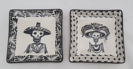 Catrina Mini Square Plate / Tapa Plate 5*5" Set of 2 Black and White - Mexican Pottery by Gorky Gonzalez