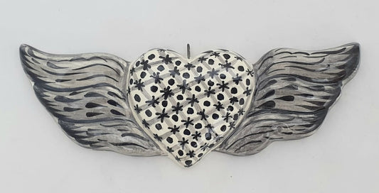 Ornament Heart w/Wings Flat Black and White